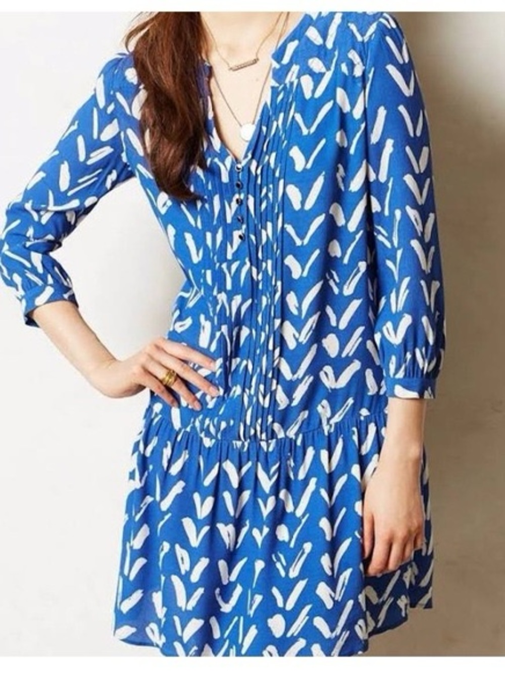 287. Maeve Blue Printed Pintuck V-Neck Mini Dress